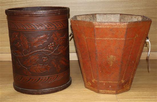 Two leather covered paper bins